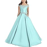 Junguan Flower Girls Off The Shoulder Pageant Dresses Long Princess Birthday Formal Party Ball Gowns Aline with Pockets