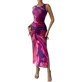 Trendy Queen Bodycon Maxi Dress Womens Sleeveless Floral Print Fitted Party Club Ruched Dresses with Side Slit