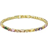 Elaximn 14K Gold Rainbow Tennis Bracelet Colorful Chain Crystal Link Bracelet for Women 6.5''