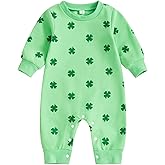 Muasaaluxi Newborn Baby Girl Boy St Patricks Day Outfit Four Leaf Clover Romper Long Sleeve Bodysuit Jumpsuit 0-18M