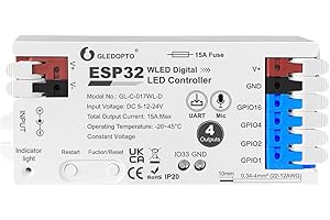 ESP32 WLED RGB IC LED Strip Controller 4 Channel Outputs 15A Fuse Mic Sound Dynamic Lights USB-C UART DIY Energy Saving Relay
