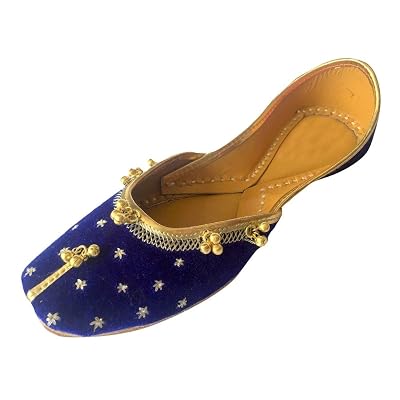 Step n Style Womens Blue Khussa Shoes Punjabi Ghungroo Jutti Ethnic Mojari Handmade Ballet Shoes Slipon