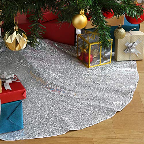 SoarDream Christmas Tree Skirt 48 inches Large Silver Sequin Tree Skirt for Xmas Ornaments