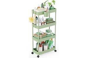 LEHOM Slim Rolling Storage Cart - 4 Tiers Bathroom Organizer Utility Cart Slide Out Storage Shelves Mobile Shelving Unit for Kitchen, Bedroom, Office, Laundry Room, Small Narrow Spaces, Green