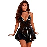ohyeah Faux Leather Lingerie Dress for Women Plus Size Mini Dress V Neck Backless Babydoll Lingerie Rave Outfits