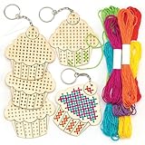 Baker Ross Wooden Cupcake Cross Stitch Keyring Kits for Beginners (Pack of 5) Embroidery Set with Thread for Kids