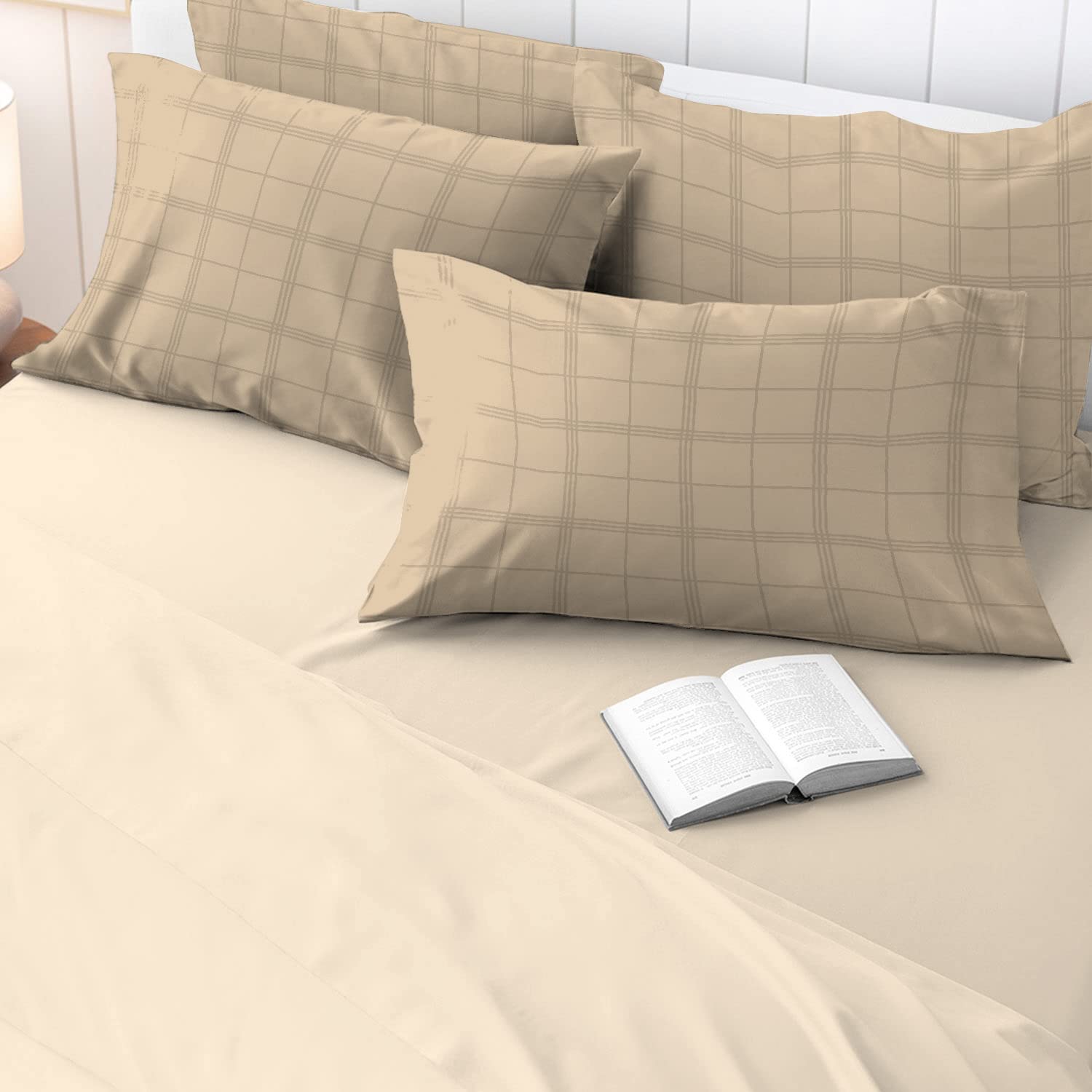 100% Cotton Taupe Big Checks Housewife Pillowcases 2 Pack, 300 Thread Count Long Staple Combed Cotton Checked Bedding, Sateen Damask Bedding Pillow Case 48x74 (Taupe Pillow Cases 2 Pack) - Pizuna — image 1