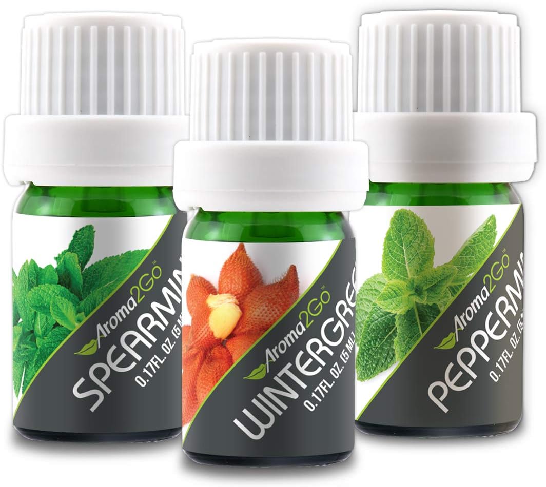 Aroma2Go Essential Oils Set, 100% Pure Undiluted, Therapeutic Grade, Plant Based in 5ML Peppermint, Spearmint, Wintergreen (Mint Pack Gift Set) Includes a 40 Page Recipe Guide