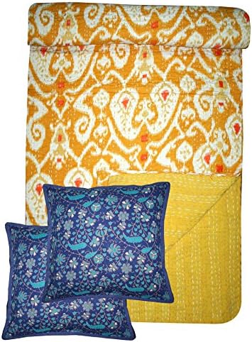 thehandicraftworld Ikat Throw Kantha Quilt Ralli Gudari Kantha Quilt Blanket Bedding Bedspread quilt with 2 cushion cover blue color