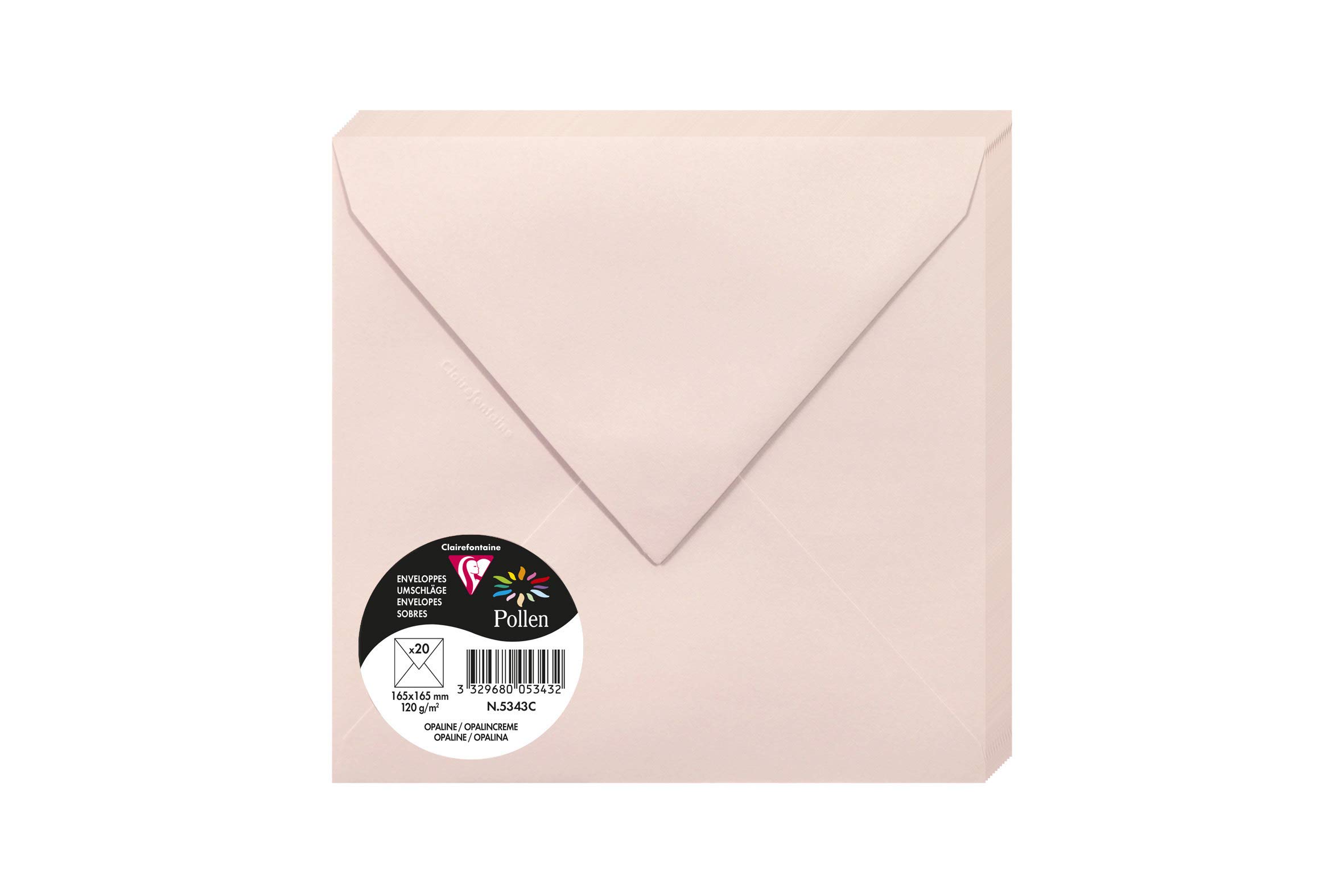 Clairefontaine 5343C Pack of 20 Gummed Envelopes Square Format 16.5x16.5cm 120gsm Opaline Colours Invitation Events & Correspondence Pollen Range Premium Paper