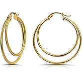 Hoops & Loops 925 Sterling Silver Double Circle Hoop Earrings for Women - 30mm Layered Stacked Circle Round-Tube Click-Top Hoops, Two-Tone 14K Yellow Gold, Rose Gold Flash Plated, Black