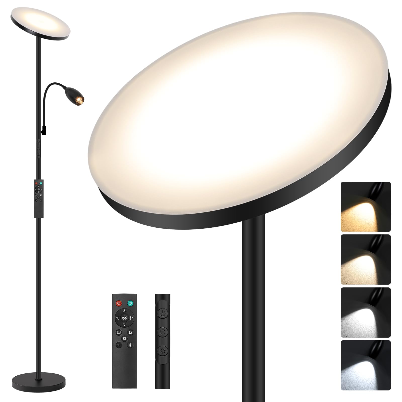 LED Torchiere Floor Lamp with Gooseneck Reading Light, 69" Dimmable Reading Floor Lamp with Adjustable Color Beam, Remote Control Standing Lamp, Zoomable Spotlight for Living Room,Bedroom,Office,Black Image