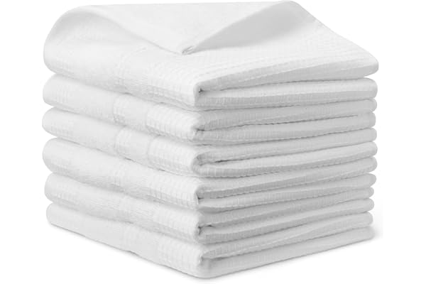 Amazon Basics Organic Cotton Waffle Kitchen Dish Towels - Ultra Absorbent, Quick Drying, Lint-Free, 38 x 63.5 cm, 6-Pack, Whi
