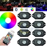 Wiipro RGB Rock Lights with 8 pods LED Neon Lighting Bar APP Bluetooth Controller for Car Jeep Off Road Trucks ATV SUV Vehicle Boat Interior Timing & Flashing & Music Mode