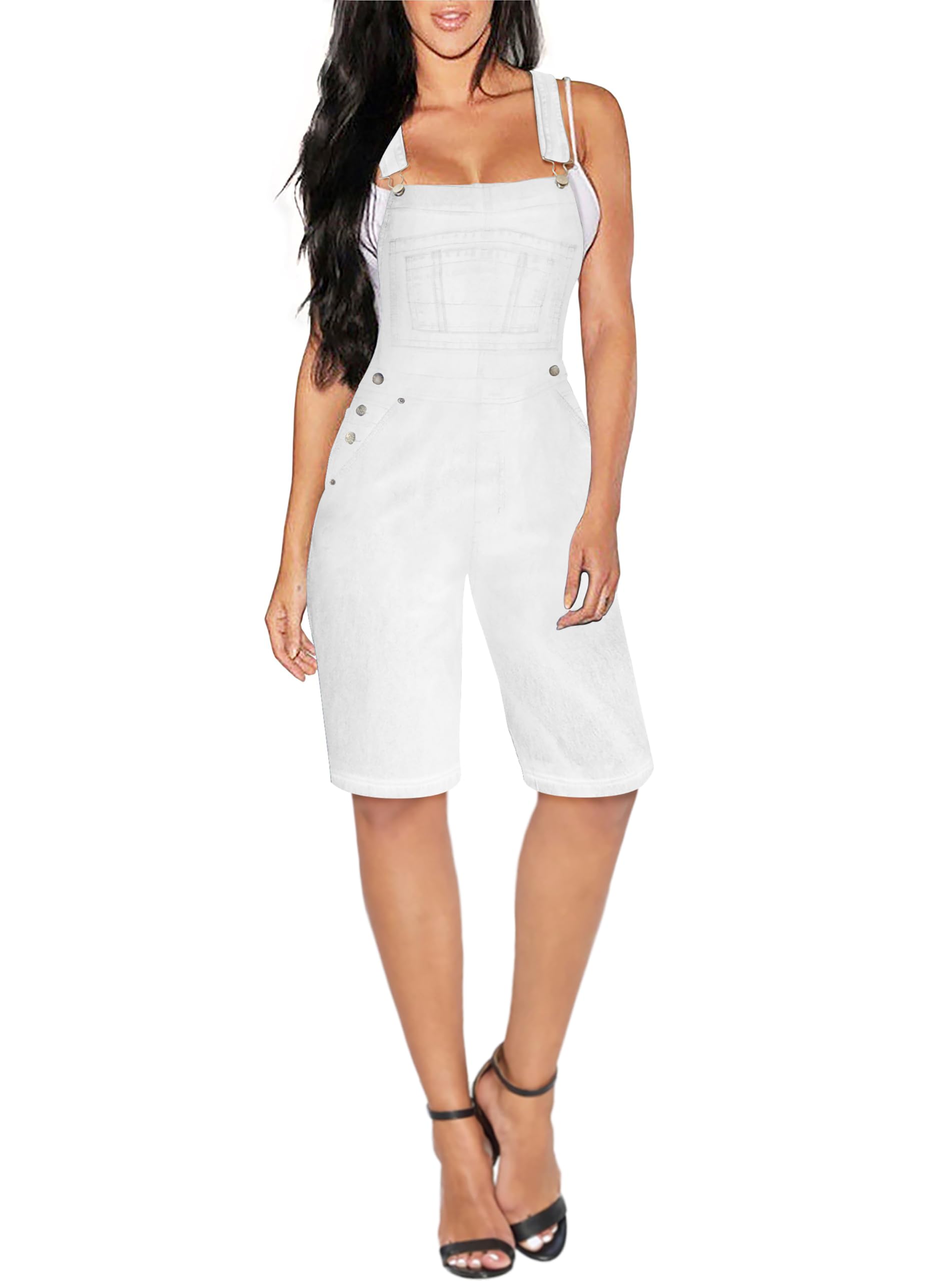 Photo 1 of & Company Womens Leisure Adjustable Straps Stretch Bermuda Short Denim jumpsuits Overalls BVJ156998X WHITE 3X
