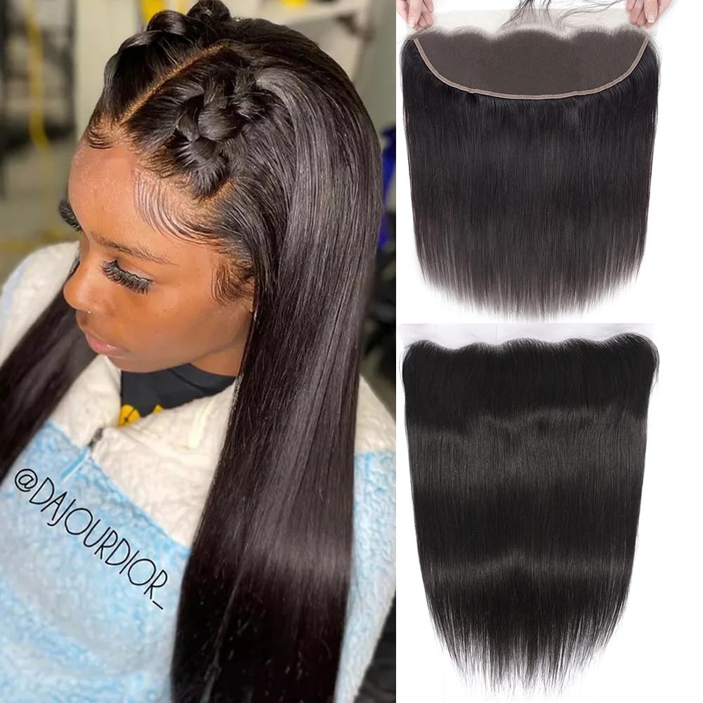 HEFABRIGHT 13X4 Lace Frontal Human Hair Straight Wave HD Transparent Lace Frontal 13X4 Closure Human Hair 150 Density Free Part Pre Plucked Hairline Baby Hair Around Natural Black 20 Inch