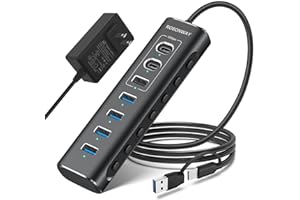 Powered USB Hub, Rosonway 7-Port USB 3.2/USB C Hub with 10Gbps USB-A 3.2, 2 USB-C 3.2, 4 USB 3.0 Ports, Individual Switches and 12V Power Adapter, Aluminum USB Port Expander for Laptop/PC, RSH-A107C