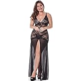 LINGERLOVE Women's Floral Lace Plus Size Babydoll Lingerie Set Sexy Split Maxi Long Nightgown Dress