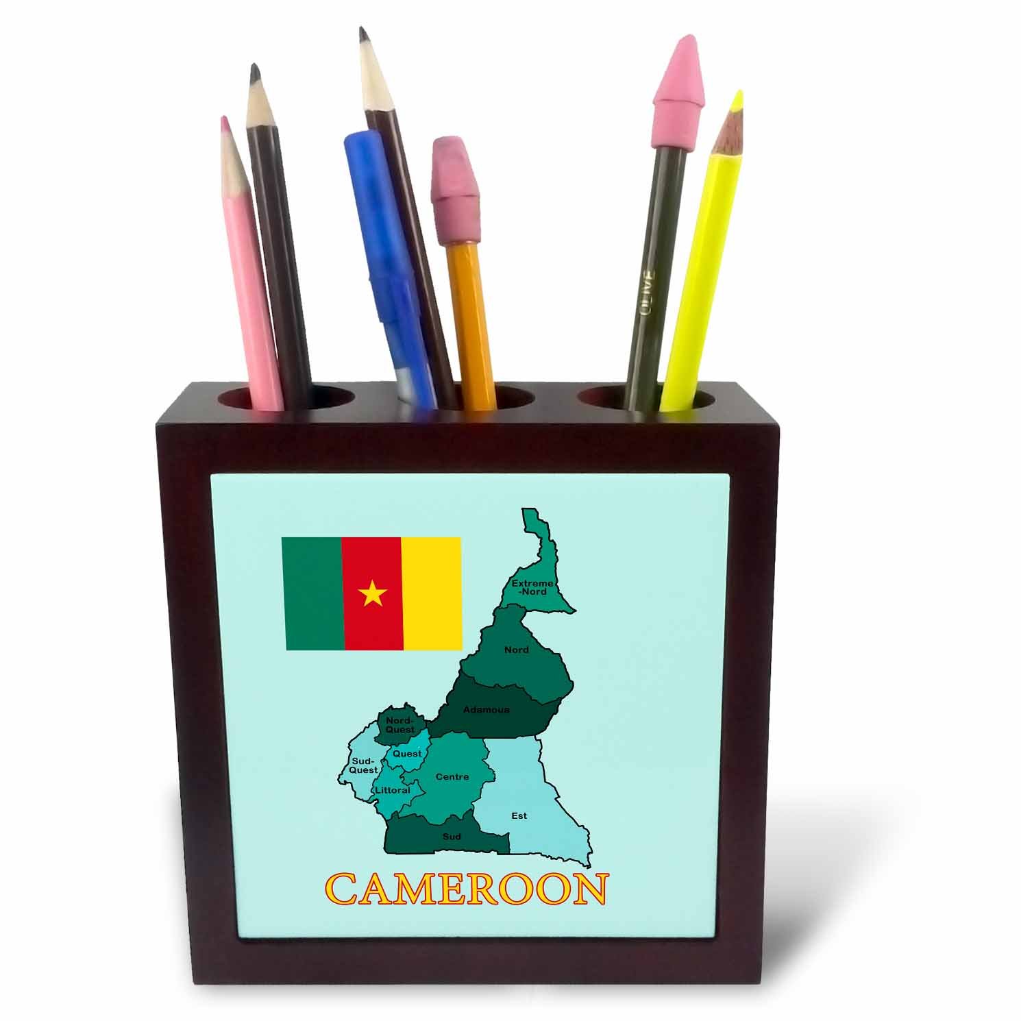 3dRose ph_234402_1 5-Inch Colourful Map and Flag of Cameroon Administrative Regions Labelled Tile Pen Holder