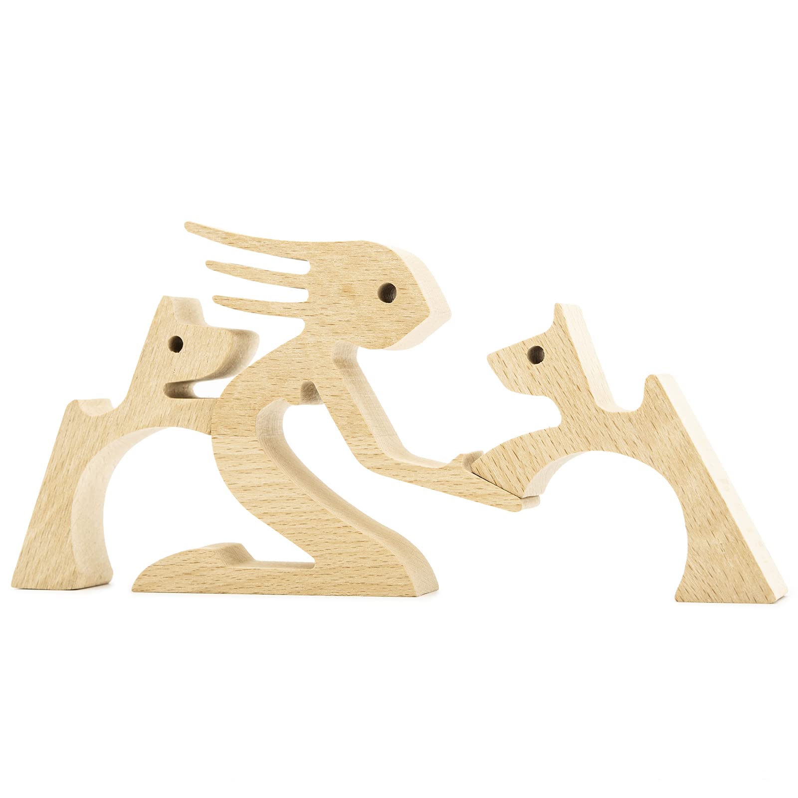 BOBO BIRD Wooden Dog Cat Family Statue, Handmade Wood Decoration Cute Puppy Kitty and People Statue Sculpture Ornament Collectible Figurine Craft Arts for Home Office Living Room (Women+2 Puppy(L))