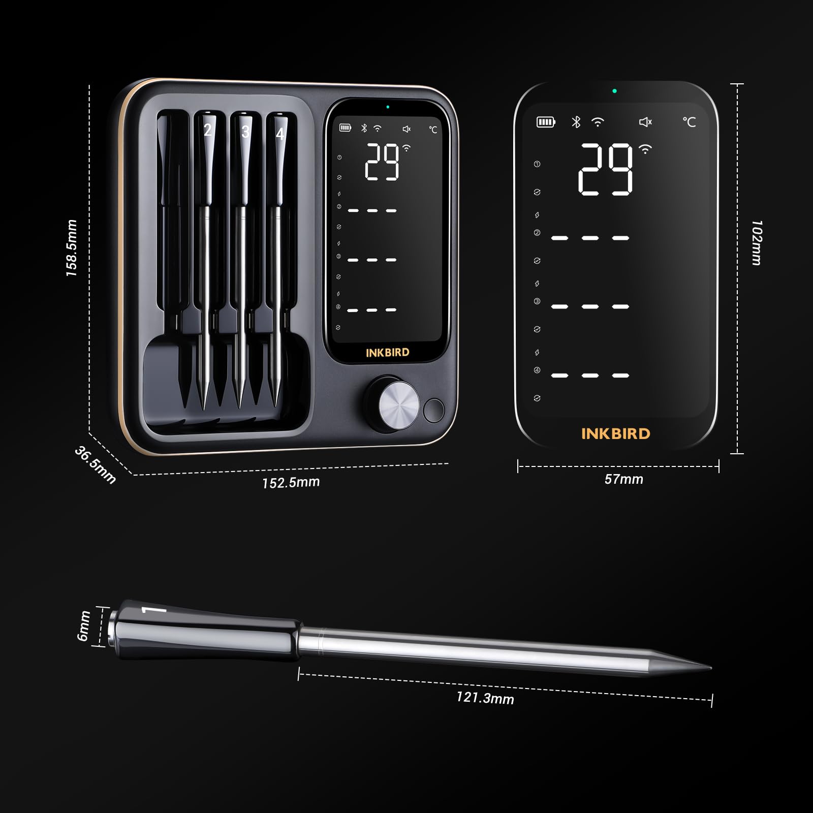 Inkbird INT-14-BW Fleischthermometer kabellos, Smart Grillthermometer WIFI 2.4G und Bluetooth 5.4 Signal 91m, Backofenthermometer Thermometer für Ofen, Grill, Smoker, Rotisserie Airfryer Ofen 7