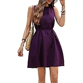 vinglam Women's Linen Mini Dress Oversize Crew Neck Pleated Back Sleeveless 100% Linen Pure Tank Belt Dresses with Pockets