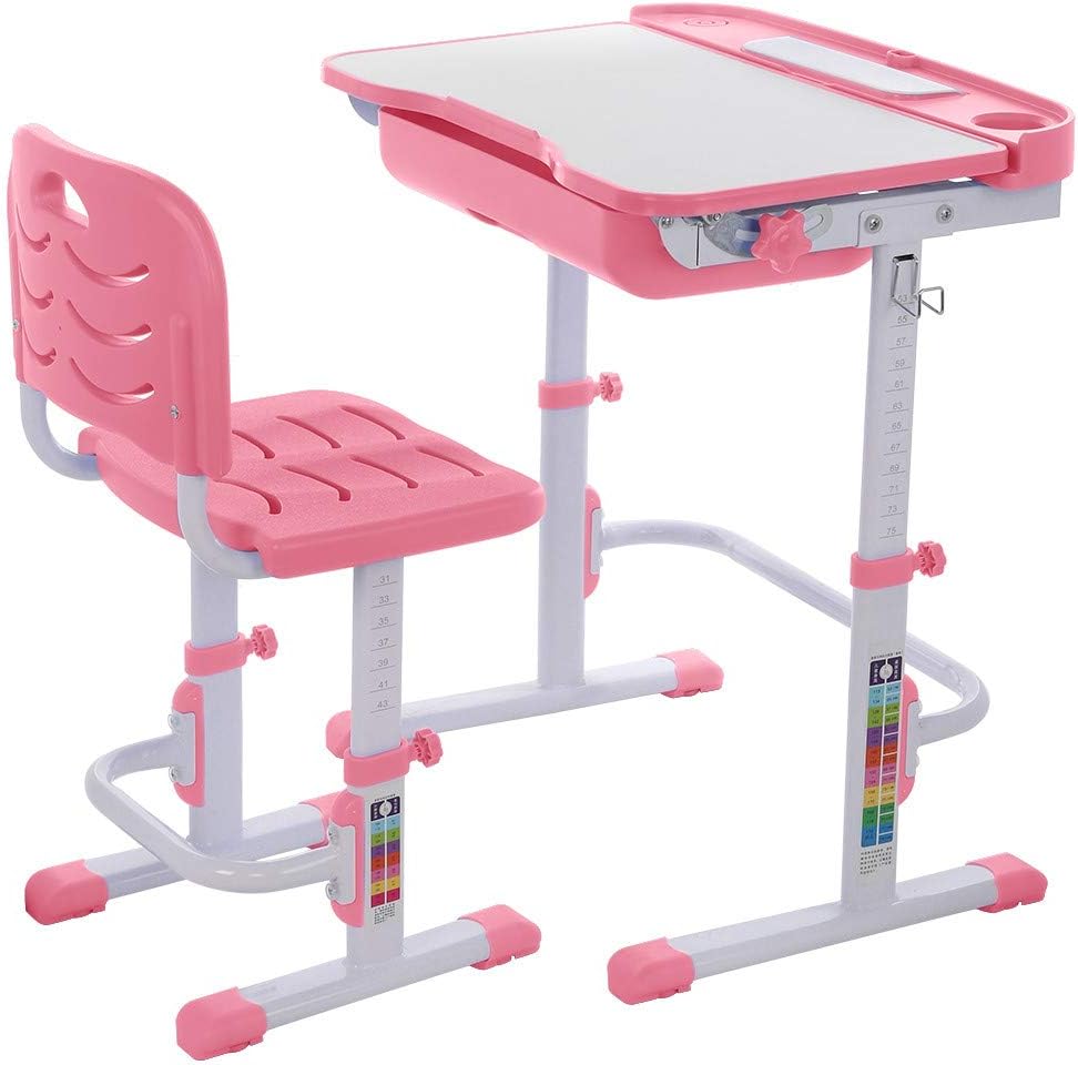 Writing Table Set for Children, Safe Durable Height Adjustable Study Desk and Chair Set Pull Out Drawer with Tilted Desktop (Pink)