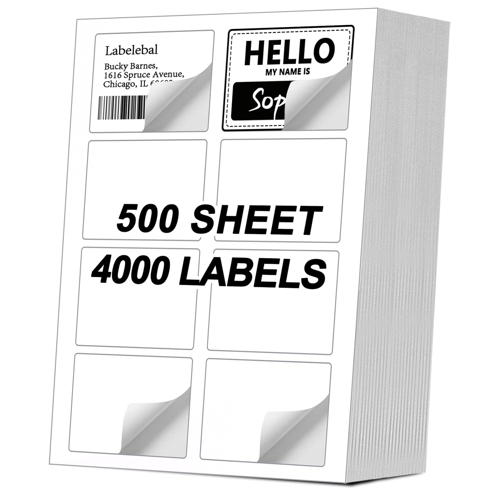 Photo 1 of (4000 Labels/500 Sheets) Self Adhesive Name Tag Stickers, 8 Labels per Sheet, A4 Stickers 3-3/8" x 2-1/3" for Inkjet/Laser Printers, White Sticker Shipping/Mailing Labels,