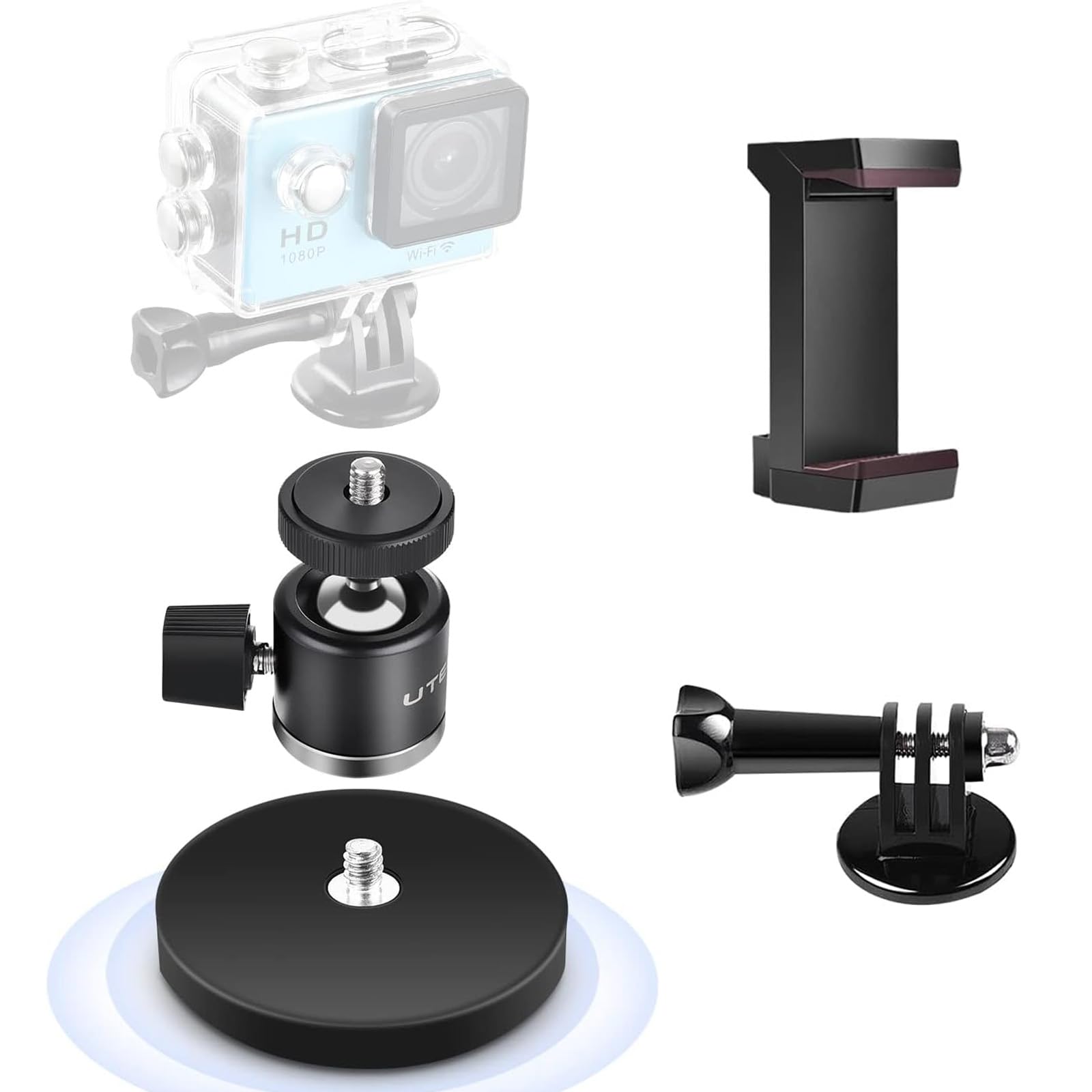 UTEBIT Magnetic Camera Mount 1/4 Screw Vertical Suction with Action Camera Adapter & Phone Holder 360° Swivel Mini Tripod Ball Head Max Load 3kg Compatible with GoPro Webcam Phone Vlogging