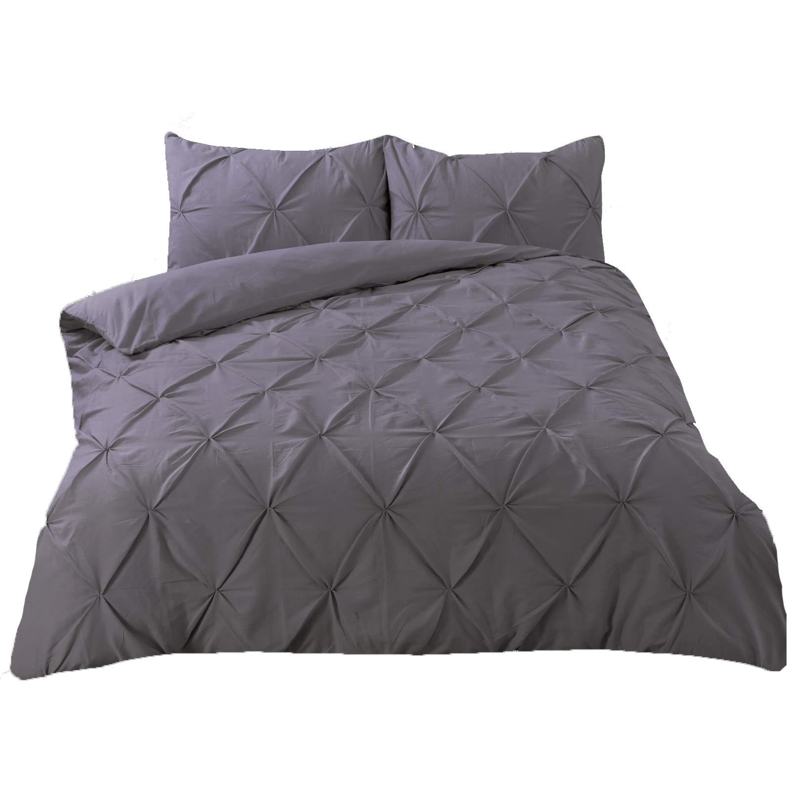 Highams Diamond Pintuck Duvet Cover with Pillow Case Luxury Pinch Pleat Bedding Set, Charcoal Grey - Double