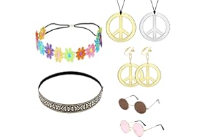 VEGCOO 7PCS Hippie Costume Set, Peace Sign Necklace&Earrings, 70s 80s Hippies Necklaces Earrings Glasses Flower Crown