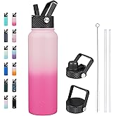 BJPKPK Insulated Water Bottles with Straw Lid, 40oz Stainless Steel Metal Water Bottle with 3 Lids, Reusable Thermo, Keep Cold Hot for Sports, Gym-Cherry