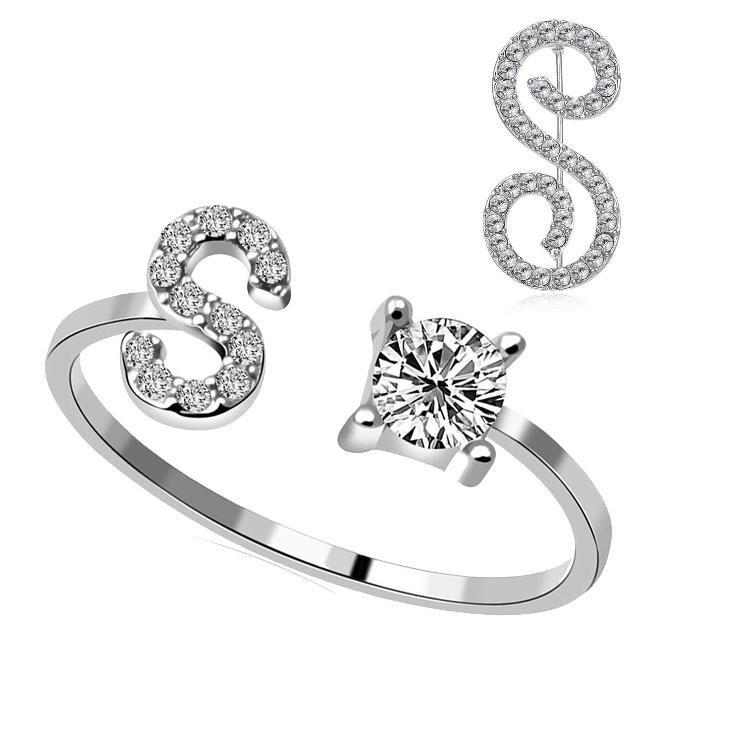 RINHOO Initial Knuckle Rings and Brooch Pin Silver Crystal 26 A-Z Letter Alphabet Adjustable Ring for Women Girl Jewelry, Crystal
