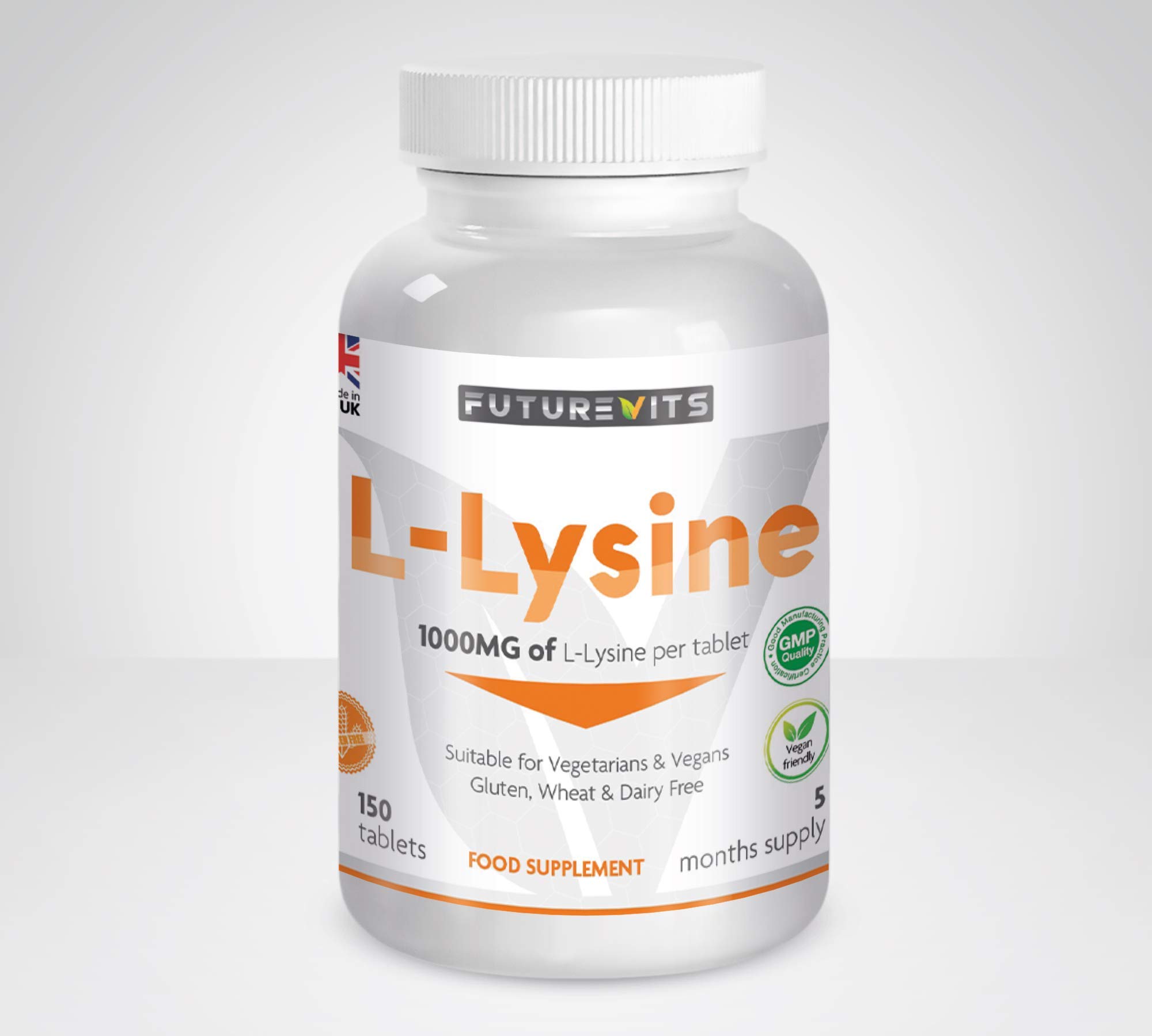 L-Lysine 1000mg 150 Tablets 5 Month Supply Vegetarian and Vegan Friendly Made UK Futurevits
