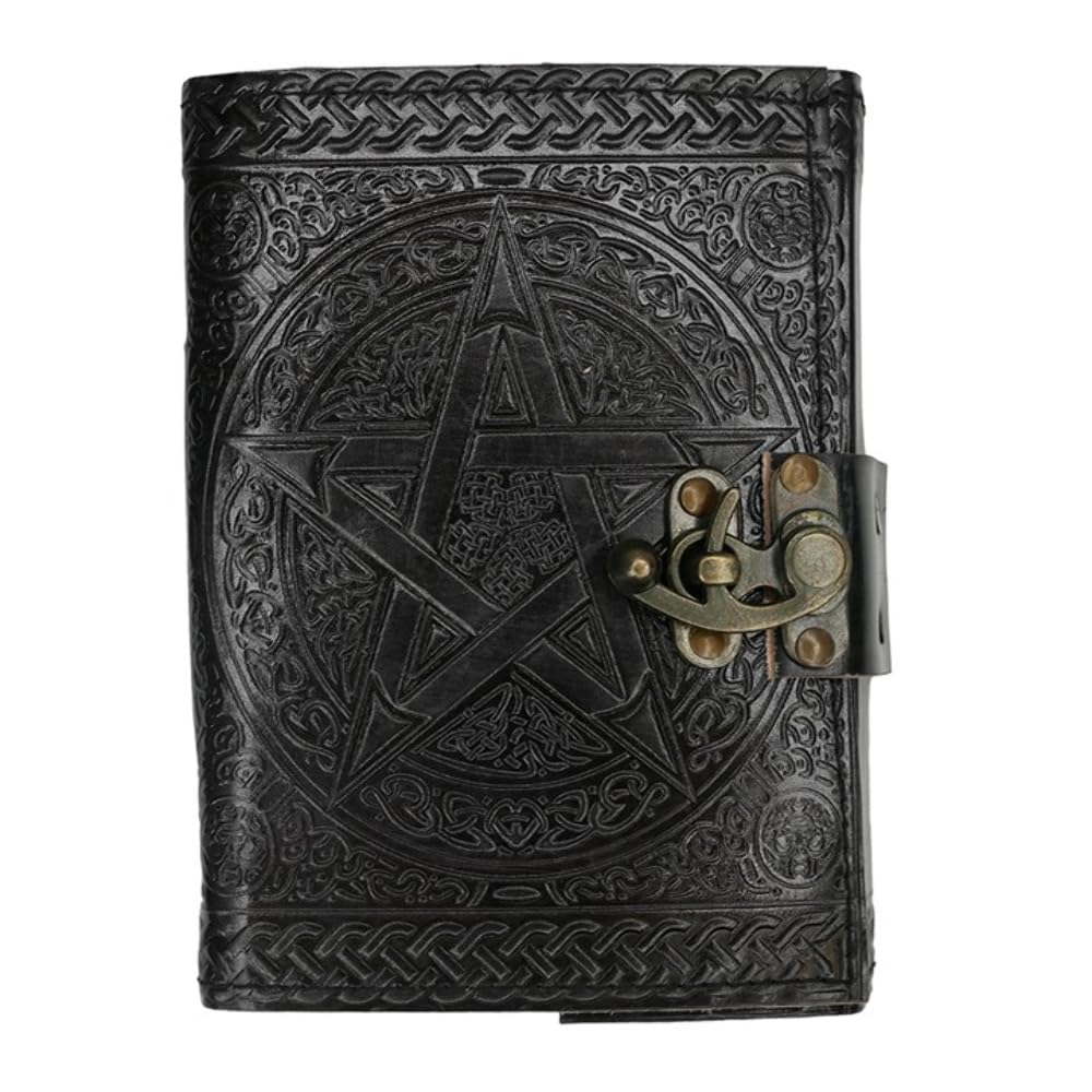 Enchanting Black Leather Journal - 17.5cm x 13cm (1 Pc.) - Embossed Leather Cover with Rustic Paper Pages, Pentagram Design with Metal Closure, Handcrafted in India - Perfect for Notes & Sketches