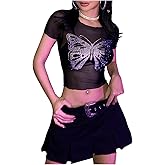 SHENHE Women's Mesh Sheer Butterfly Sequin Crop Top Y2k Short Sleeve Rave Club Top