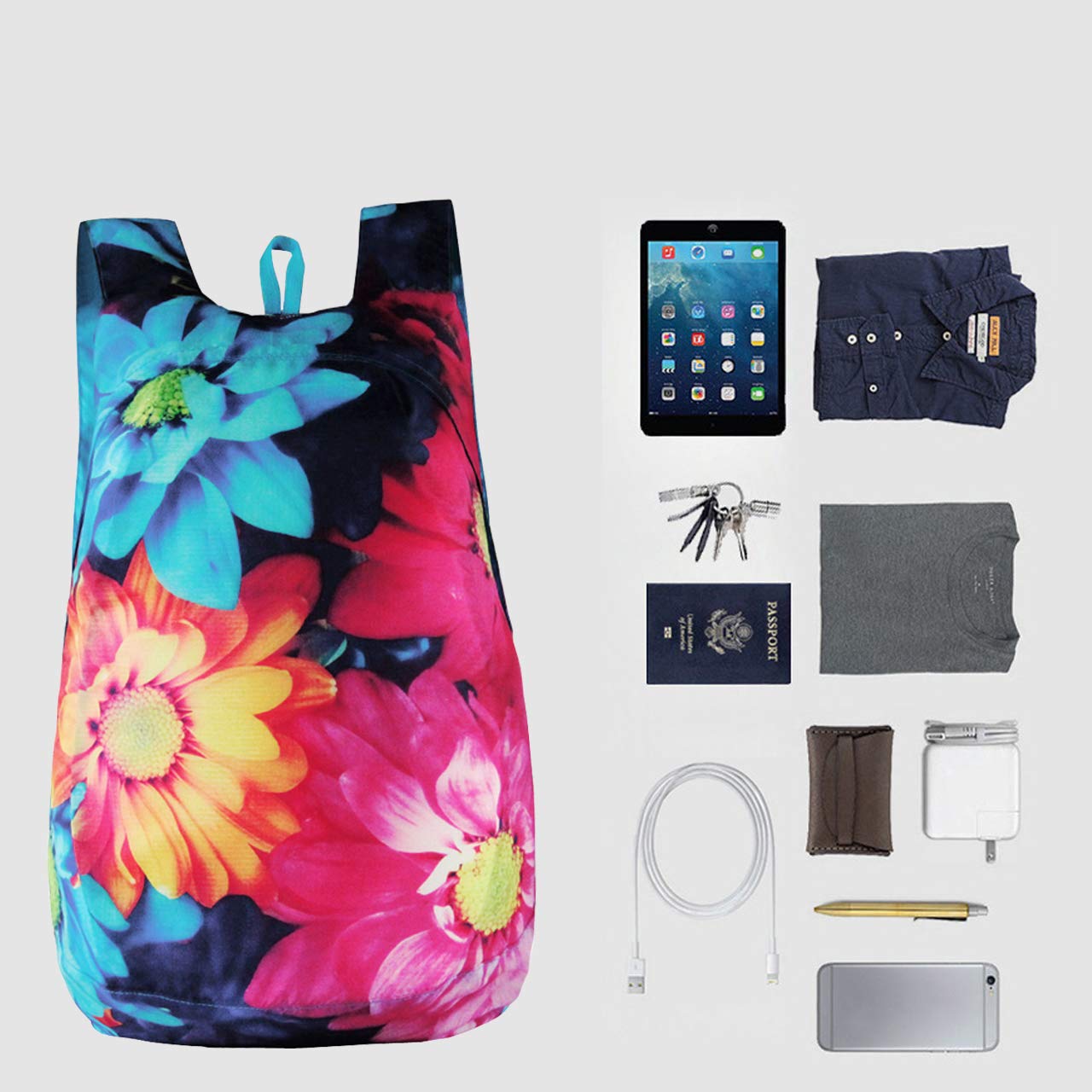 CHIC DIARY 3D Printed Packable Lightweight Travel Hiking Backpack Daypack (Flower(Rose))