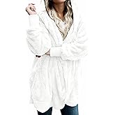 Zilcremo Women Hooded Cardigan Fuzzy Jacket Winter Open Front Fleece Coat Outwear with Pockets