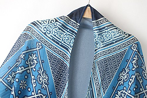 HTDBKDBK Womens Causal Loose Boho Printed Chiffon Loose Shawl Kimono Cardigan Tops Cover Up Blouse Blue