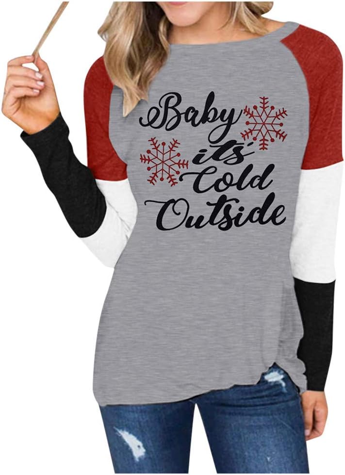 NANTE Top Christmas Blouse Baby It Cold Outside Letter Print Snowflake Graphic Tee Raglan Sweatshirt Pullover Xmas Lights Baseball T-Shirt Tops