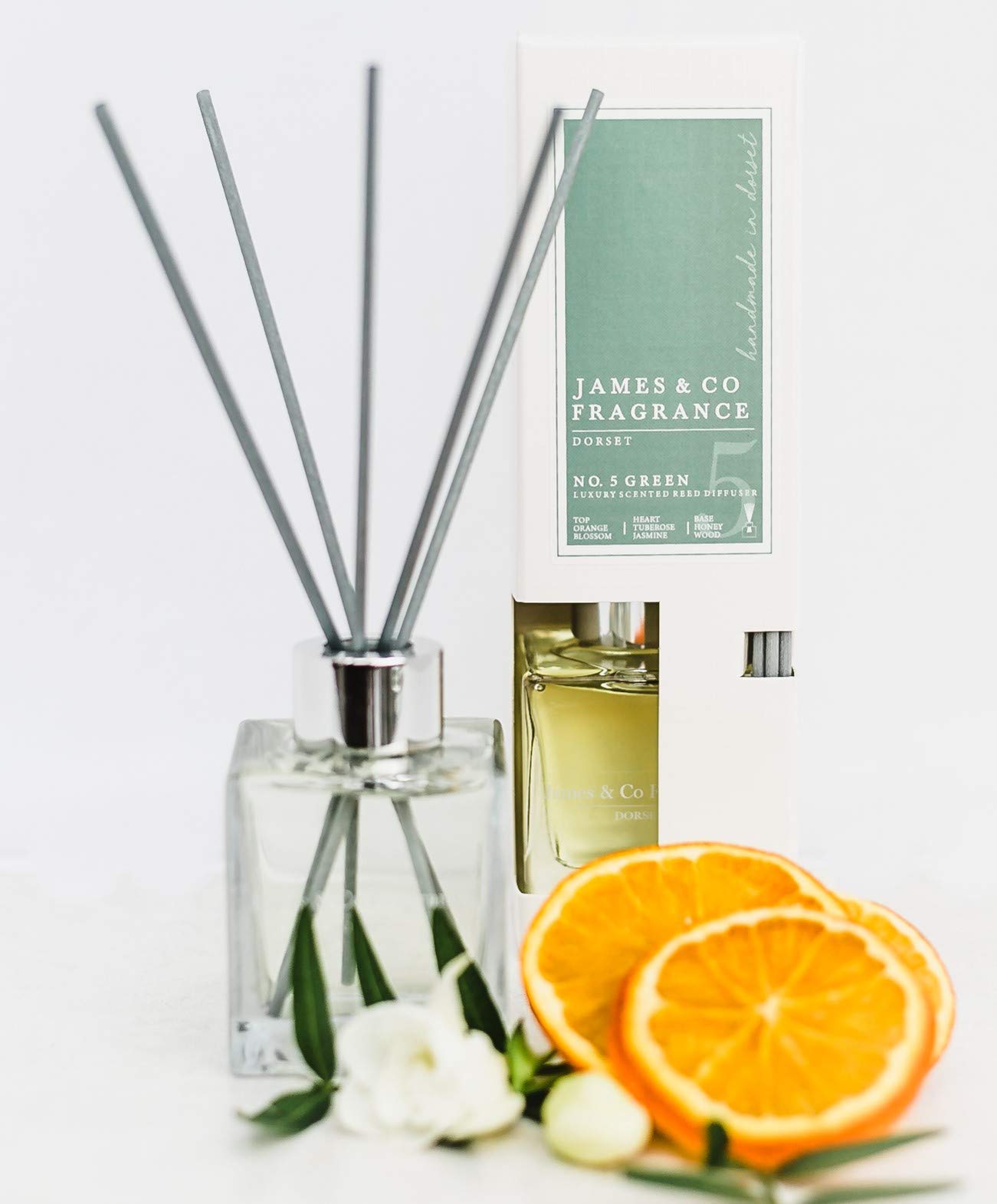 James & Co No.5 Green (Cotton Flower, Orange Blossom & Thistle) 100ml Home Fragrance Reed Diffuser Set