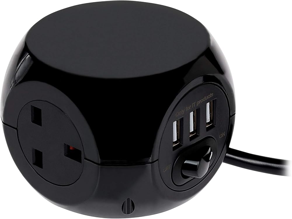 Status 3 Way Cube Socket with 3 USB Ports Black 1.4m Lead Power Block Home