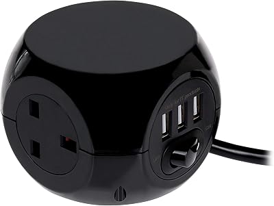 Status 3 Way Cube Socket with 3 USB Ports Black 1.4m Lead Power Block Home