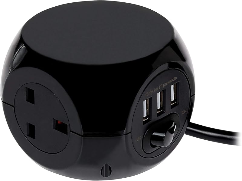 Status 3 Way Cube Socket with 3 USB Ports Black 1.4m Lead Power Block Home