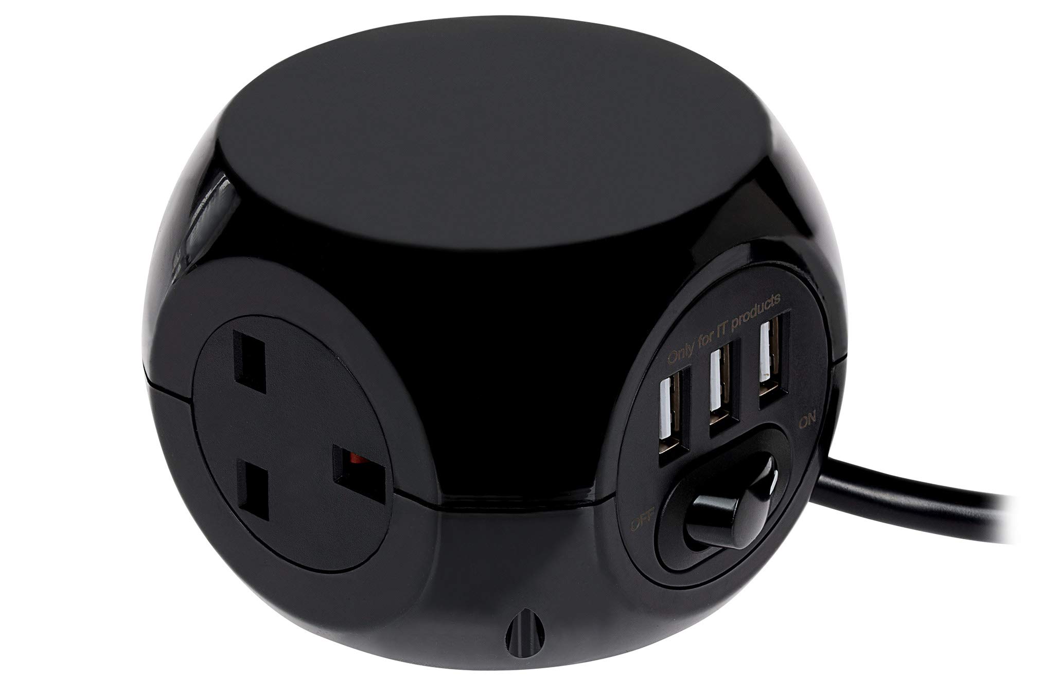 Status 3 Way Cube Socket with 3 USB Ports, Black Compact Extension Adapter with 1.4 Metre Lead for Home Office Travel Use, Space Saving Power Block, (S3B1.4M3XUSB1PK6)