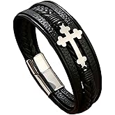 TIMFROZ Mens Leather Cross Bracelet Multi-Layer Braided Faith Bracelet Religious Wristband Father's Day Birthday Jewelry Gifts for Men 8.5" Stainless Steel Buckle Bangle