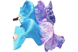 TMZAQH Women 1 Pair (Left+Right) Real Silk Belly Dance Fan Veils Hand Made Colorful Tie-Dyed Dance Fans 180 * 90cm