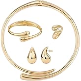 Lyfange Gold Statement Jewelry Set for Women Teardrop Choker Necklace Trendy Drop Earrings Cuff Bracelet Adjustable Statement Ring Elegant Formal Jewelry Accessories