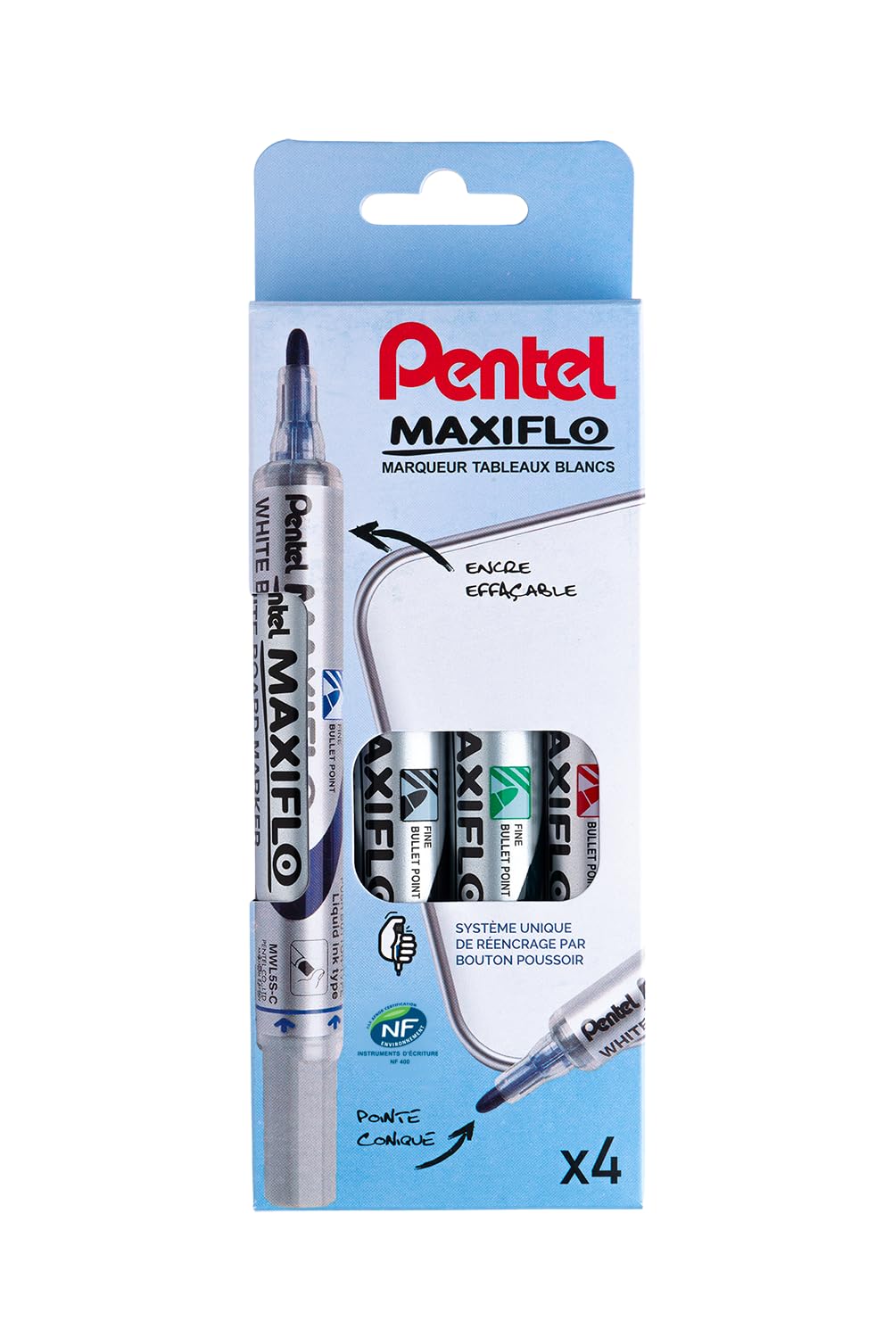 Pentel Maxiflo Dry Erase Marker Pens Round-Tipped Liquid Ink Pack of 4 Black / Blue / Green / Red