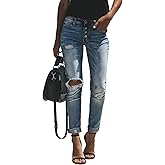 KUNMI Women's Ripped Mid Waisted Boyfriend Jeans Loose Fit Distressed Stretchy Denim Pants